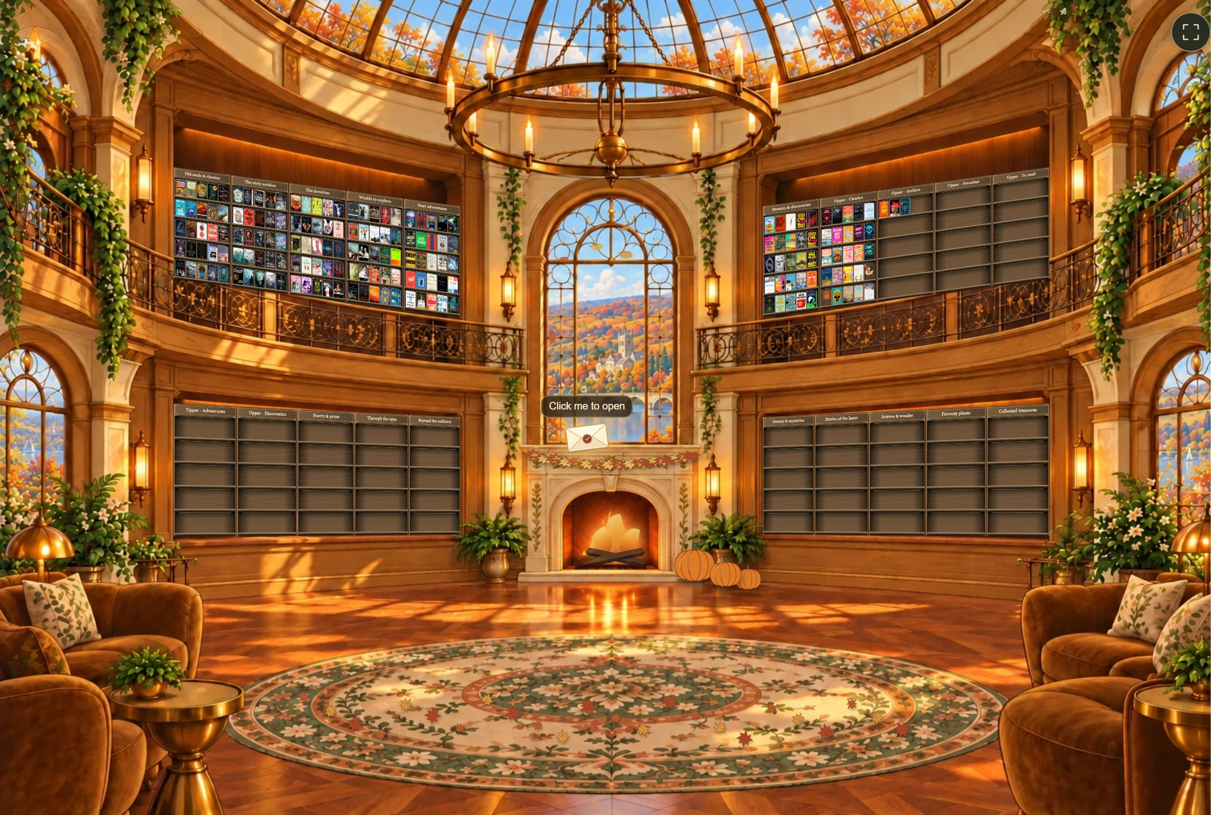 Full Grand animated library in fall, with real book covers