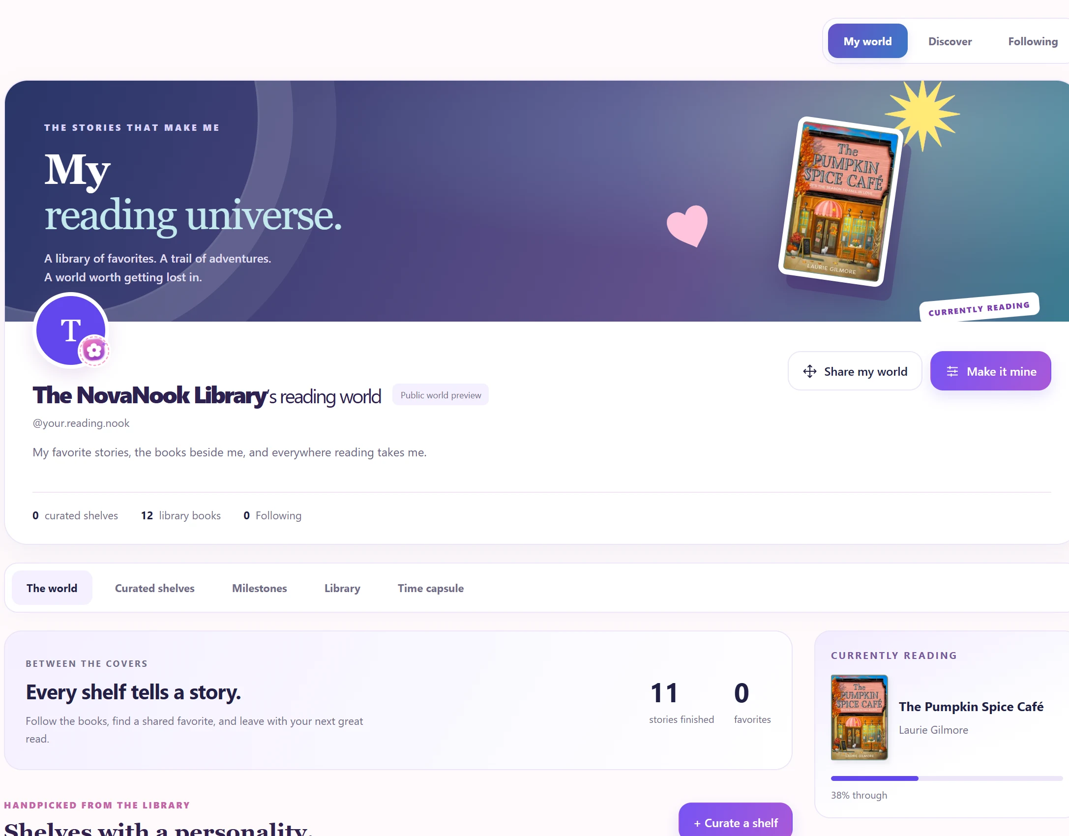 NovaNook Social reading world preview with book spotlight and curated shelves