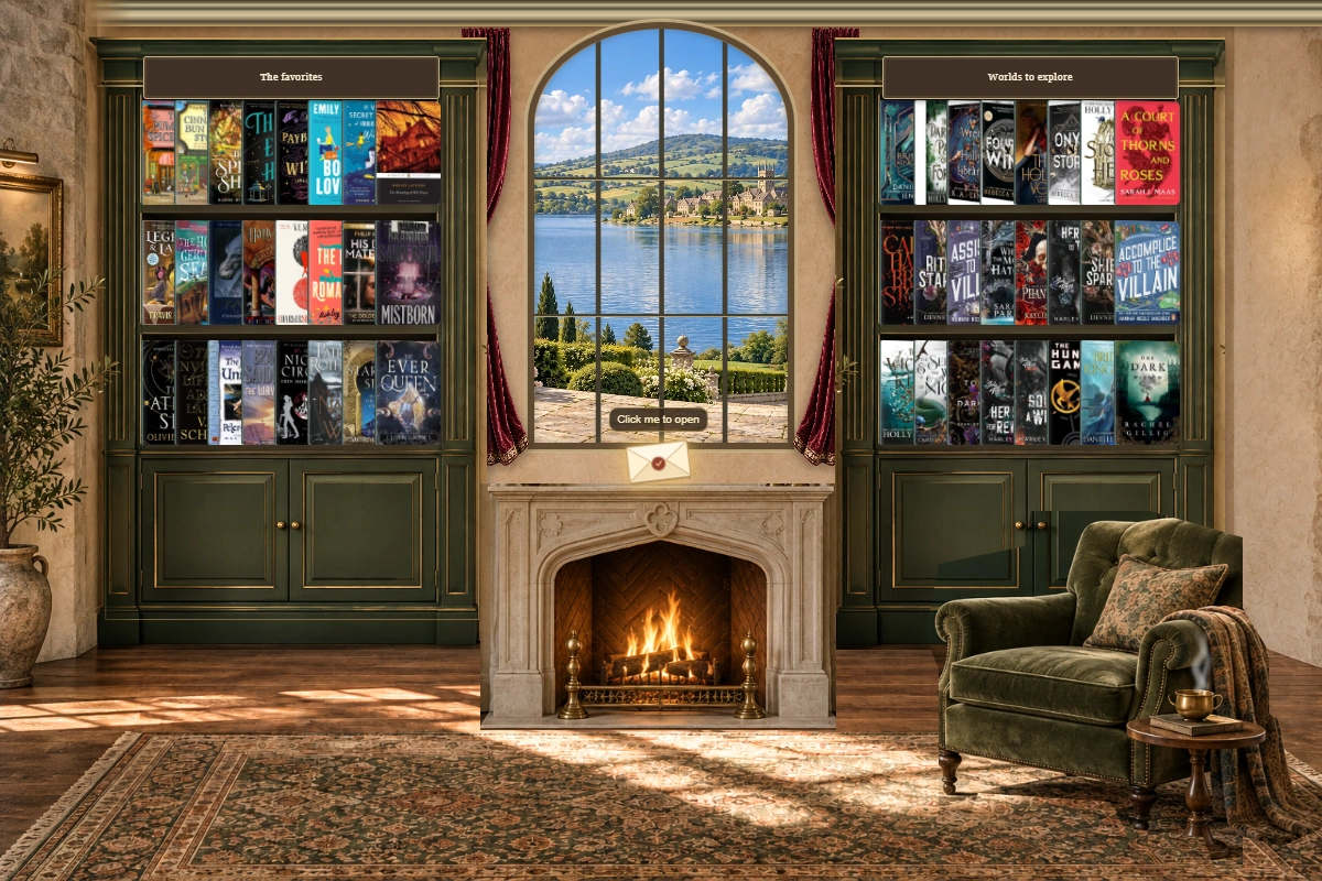 Full classic library theme with real book covers and a sunlit window