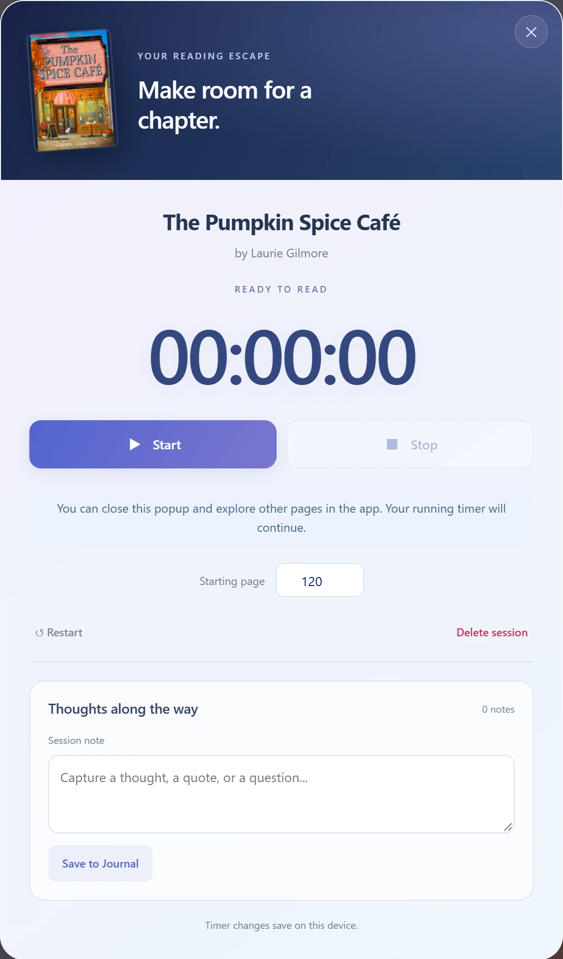 NovaNook reading timer with page progress and session controls